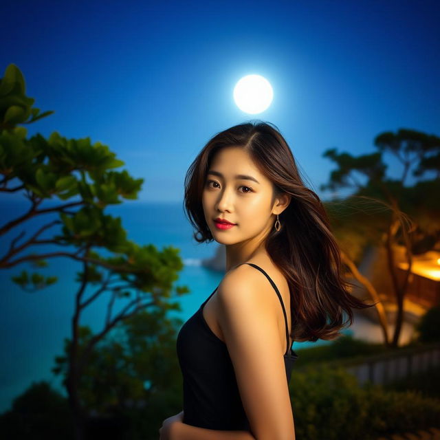 A stunning night landscape featuring a beautiful Korean woman posing gracefully and attractively facing the camera