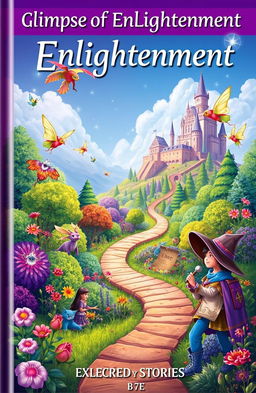 A vibrant, whimsical book cover for 'Glimpse of Enlightenment' by 7E, showcasing a diverse collection of stories