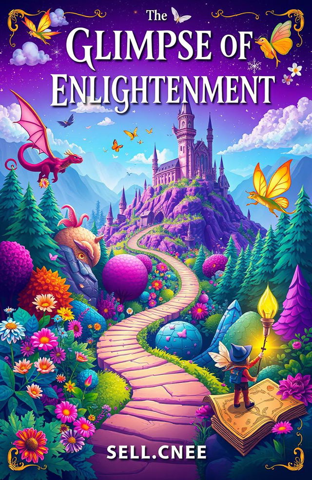 A vibrant, whimsical book cover for 'Glimpse of Enlightenment' by 7E, showcasing a diverse collection of stories