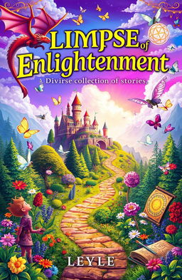 A vibrant, whimsical book cover for 'Glimpse of Enlightenment' by 7E, showcasing a diverse collection of stories