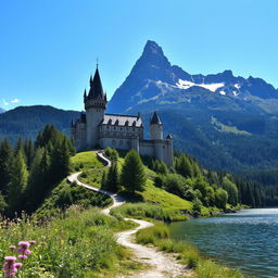 A picturesque castle set atop a majestic mountain, surrounded by lush green forests and a clear blue sky
