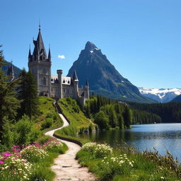 A picturesque castle set atop a majestic mountain, surrounded by lush green forests and a clear blue sky