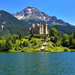 A picturesque castle set atop a majestic mountain, surrounded by lush green forests and a clear blue sky