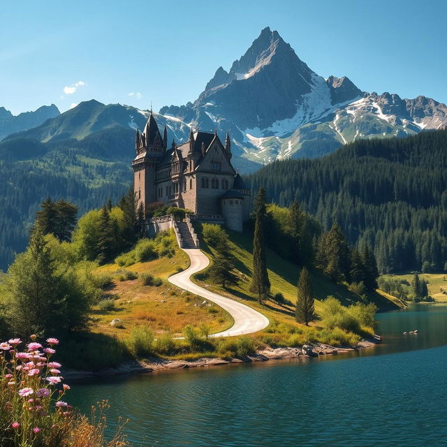 A picturesque castle set atop a majestic mountain, surrounded by lush green forests and a clear blue sky