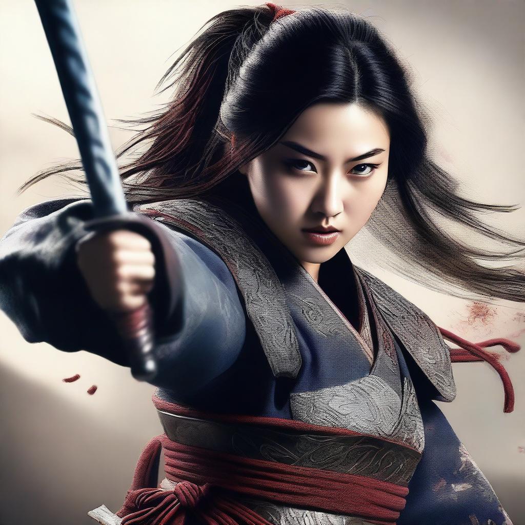 A hyper-realistic digital art image featuring a beautiful young Korean girl in a fierce samurai battle