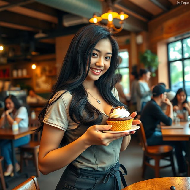 A beautiful Indonesian woman with large breasts, wearing a trendy café uniform, playfully engaging with customers at a vibrant café