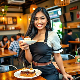 A beautiful Indonesian woman with large breasts, wearing a trendy café uniform, playfully engaging with customers at a vibrant café