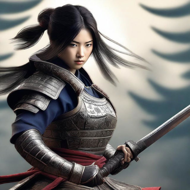 A hyper-realistic digital art image featuring a beautiful young Korean girl in a fierce samurai battle