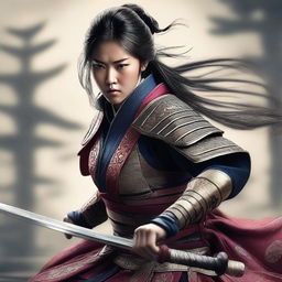 A hyper-realistic digital art image featuring a beautiful young Korean girl in a fierce samurai battle