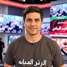 A Middle-Eastern male news anchor in his thirties, wearing a casual t-shirt with the text 'عاجل حضرموت نيوز' printed on it