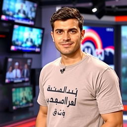 A Middle-Eastern male news anchor in his thirties, wearing a casual t-shirt with the text 'عاجل حضرموت نيوز' printed on it
