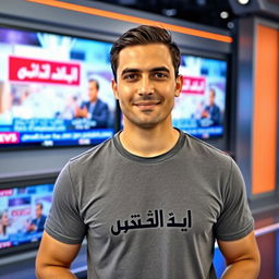 A Middle-Eastern male news anchor in his thirties, wearing a casual t-shirt with the text 'عاجل حضرموت نيوز' printed on it