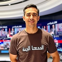 A Middle-Eastern male news anchor in his thirties, wearing a casual t-shirt with the text 'عاجل حضرموت نيوز' printed on it