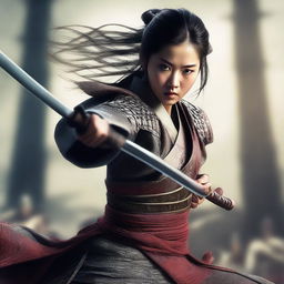 A hyper-realistic digital art image featuring a beautiful young Korean girl in a fierce samurai battle