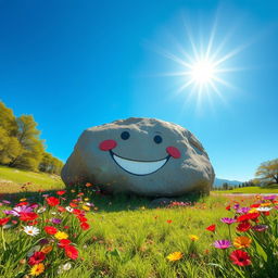 A large, smiling rock in a vibrant natural landscape