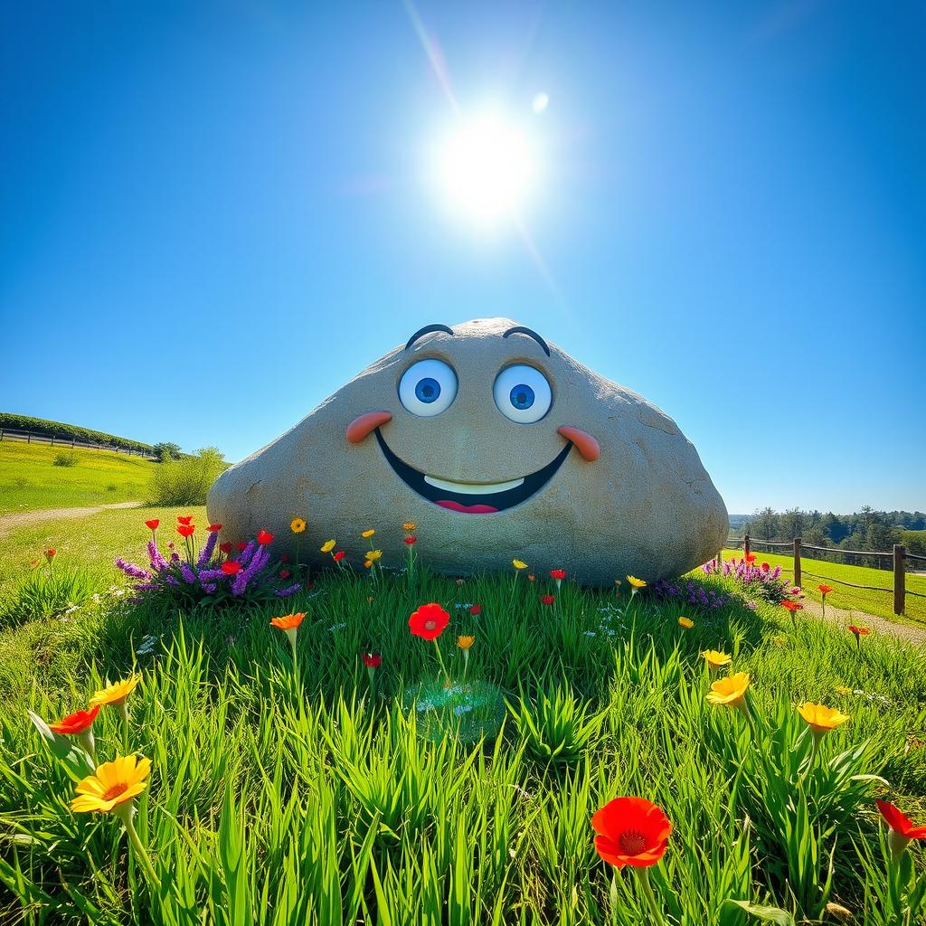 A large, smiling rock in a vibrant natural landscape
