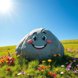 A large, smiling rock in a vibrant natural landscape
