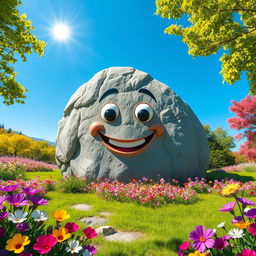 A large, smiling rock in a vibrant natural landscape