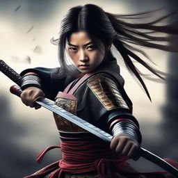 A hyper-realistic digital art image featuring a beautiful young Japanese girl in a fierce samurai battle