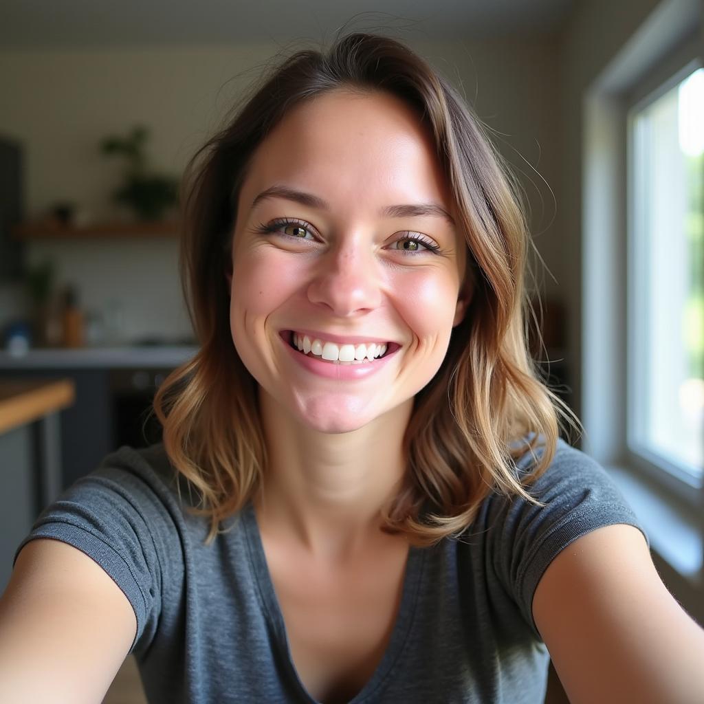 A selfie of a 34-year-old woman with an average body type, smiling happily while wearing a casual t-shirt and leggings