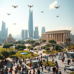 A futuristic landscape of Syria in the year 2030, showcasing a blend of advanced architecture and cultural heritage