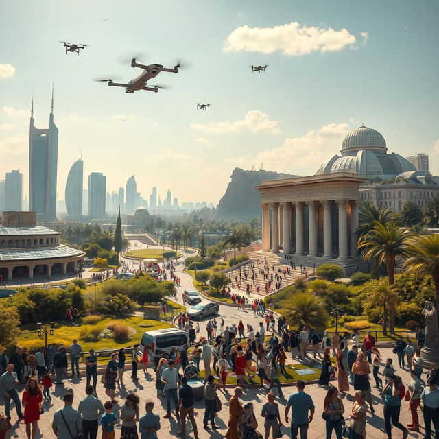 A futuristic landscape of Syria in the year 2030, showcasing a blend of advanced architecture and cultural heritage