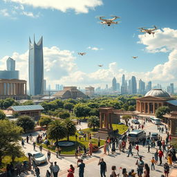 A futuristic landscape of Syria in the year 2030, showcasing a blend of advanced architecture and cultural heritage