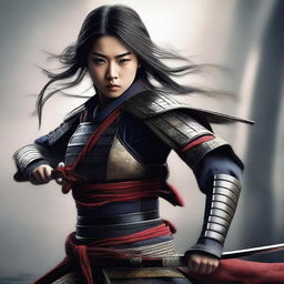 A hyper-realistic digital art image featuring a beautiful young Japanese girl in a fierce samurai battle