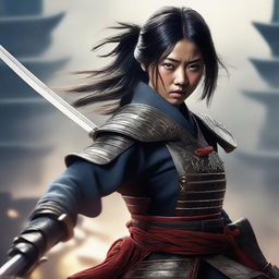 A hyper-realistic digital art image featuring a beautiful young Japanese girl in a fierce samurai battle