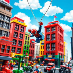 A detailed scene depicting a Spiderman-themed LEGO set, showcasing a vibrant and dynamic urban environment