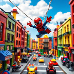 A detailed scene depicting a Spiderman-themed LEGO set, showcasing a vibrant and dynamic urban environment