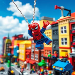 A detailed scene depicting a Spiderman-themed LEGO set, showcasing a vibrant and dynamic urban environment