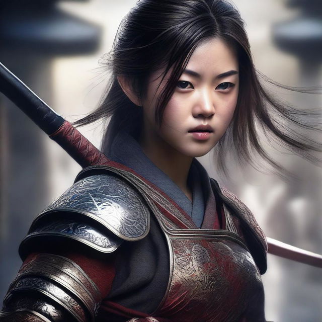 A hyper-realistic digital art image featuring a beautiful young Japanese girl in a fierce samurai battle