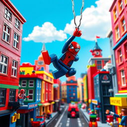 A detailed scene depicting a Spiderman-themed LEGO set, showcasing a vibrant and dynamic urban environment