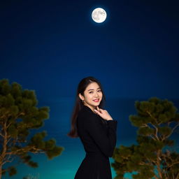 A stunning night scenery featuring a beautiful Korean woman posing gracefully and attractively facing the camera