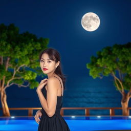 A stunning night scenery featuring a beautiful Korean woman posing gracefully and attractively facing the camera