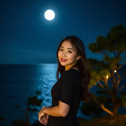 A stunning night scenery featuring a beautiful Korean woman posing gracefully and attractively facing the camera