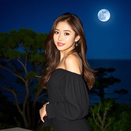 A stunning night scenery featuring a beautiful Korean woman posing gracefully and attractively facing the camera