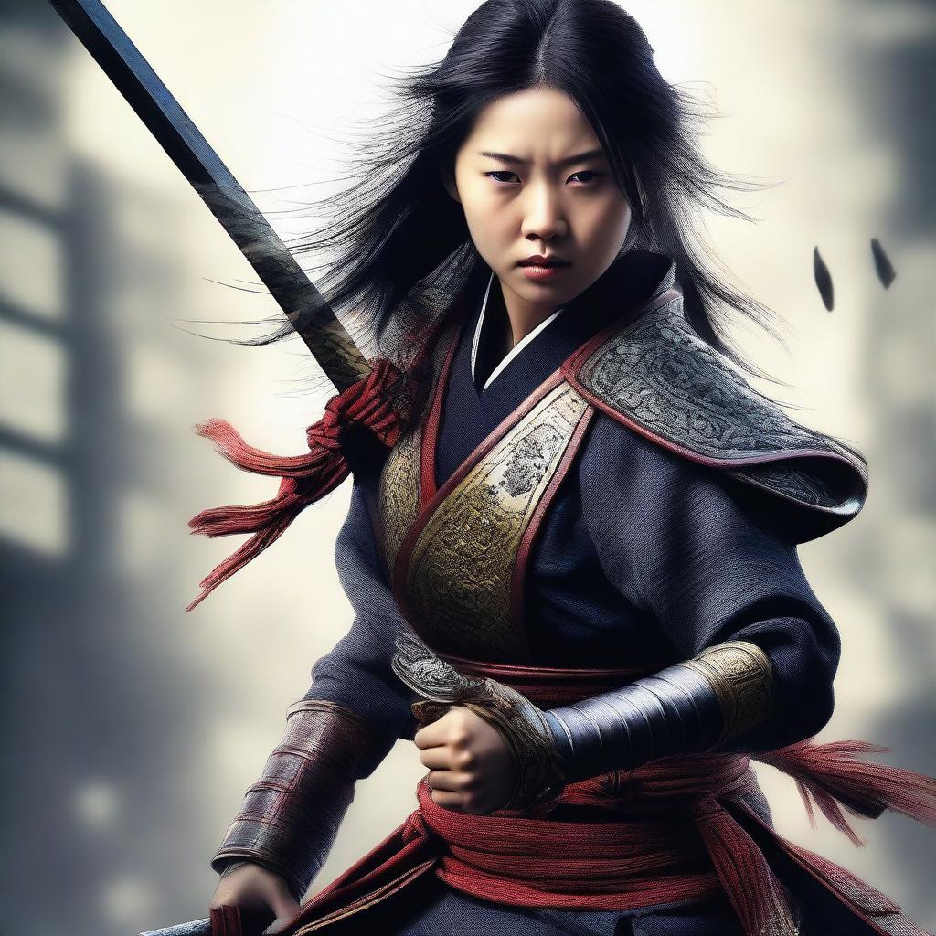 A hyper-realistic digital art image featuring a beautiful young Chinese girl in a fierce samurai battle