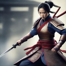 A hyper-realistic digital art image featuring a beautiful young Chinese girl in a fierce samurai battle