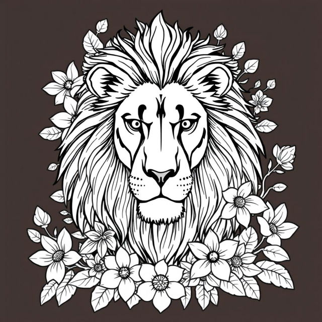 A detailed adult coloring book page featuring a majestic lion with a flowing mane, surrounded by intricate floral designs