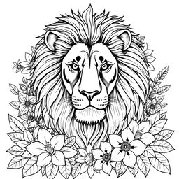 A detailed adult coloring book page featuring a majestic lion with a flowing mane, surrounded by intricate floral designs