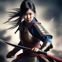 A hyper-realistic digital art image featuring a beautiful young Chinese girl in a fierce samurai battle