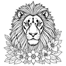 A detailed adult coloring book page featuring a majestic lion with a flowing mane, surrounded by intricate floral designs