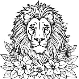 A detailed adult coloring book page featuring a majestic lion with a flowing mane, surrounded by intricate floral designs