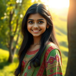 A beautiful AI-generated Bengali girl with dark long hair and bright expressive eyes, wearing traditional Bengali attire