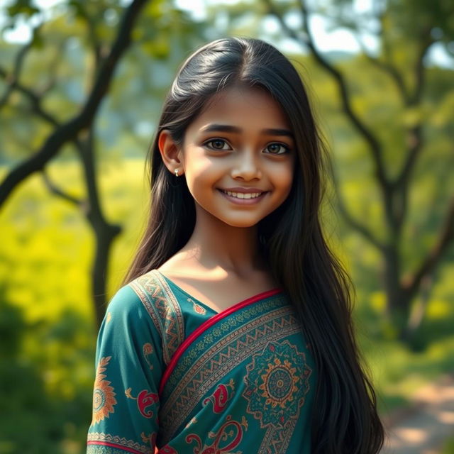 A beautiful AI-generated Bengali girl with dark long hair and bright expressive eyes, wearing traditional Bengali attire