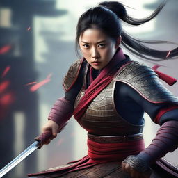 A hyper-realistic digital art image featuring a beautiful young Chinese girl in a fierce samurai battle