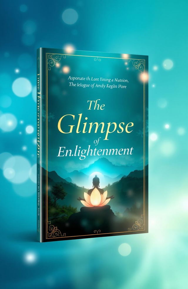 A visually captivating book cover design for the title 'The Glimpse of Enlightenment,' featuring mystical elements like soft glowing lights, serene nature scenes such as a tranquil forest or peaceful mountain with sunrise, and symbolic representations of enlightenment such as a meditating figure or the lotus flower