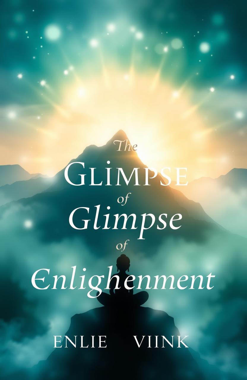 A visually captivating book cover design for the title 'The Glimpse of Enlightenment,' featuring mystical elements like soft glowing lights, serene nature scenes such as a tranquil forest or peaceful mountain with sunrise, and symbolic representations of enlightenment such as a meditating figure or the lotus flower